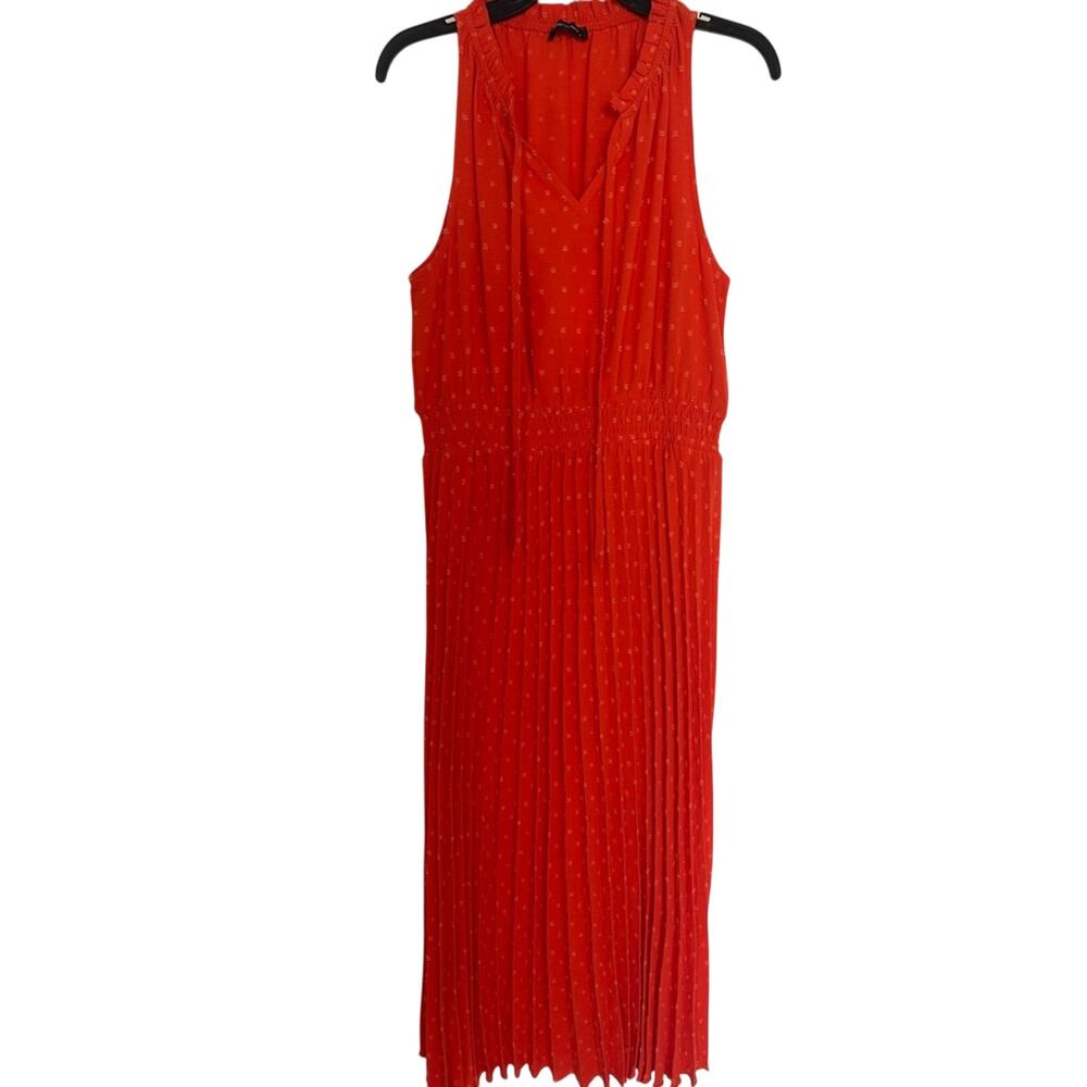 NWOT PrettyGarden Orange V-Neck Sleeveless Swiss Dot Pleated Dress